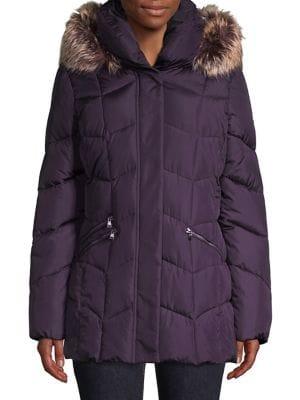 Larry Levine Quilted Faux Fur-trim Coat