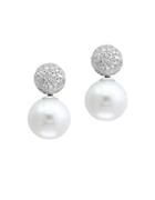 Effy Diamond 9mm White Fresh Water Pearl And 14k White Gold Earrings