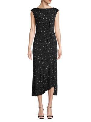 Gabby Skye Polka-dot Asymmetrical Midi Dress