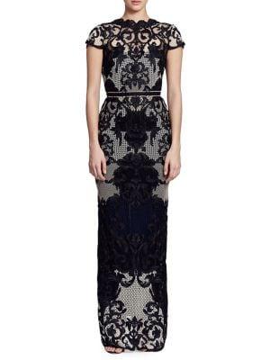 Marchesa Notte Embroidered Lace Cap-sleeve Gown