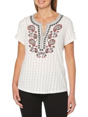 Rafaella Embroidered Split-neck Top