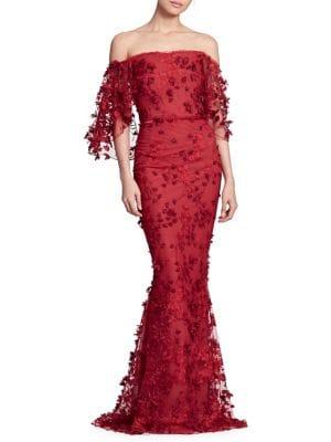 Marchesa Notte Off-the-shoulder Embroidered Trumpet Gown