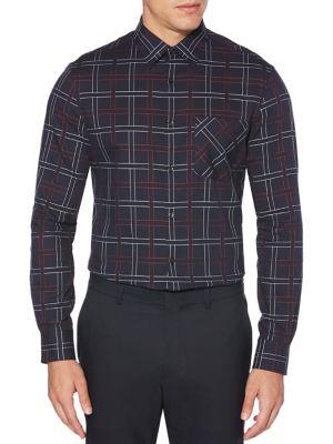 Perry Ellis Dobby Grid Plaid Shirt