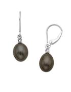 Lord & Taylor Black Pearl Drop Earrings With Diamond Accent In 14 Kt. Yellow Gold .01 Ct. T.w. 8 Mm