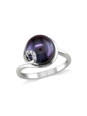 Sonatina 9mm Black Cultured Freshwater Pearl, Diamond & Sterling Silver Swirl Ring