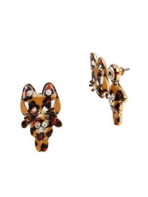 Betsey Johnson Goldtone & Crystal Leopard Cat Drop Earrings