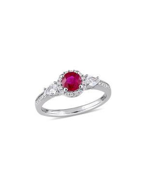 Sonatina 14k White Gold, Diamond, Ruby And White Sapphire Three-stone Ring