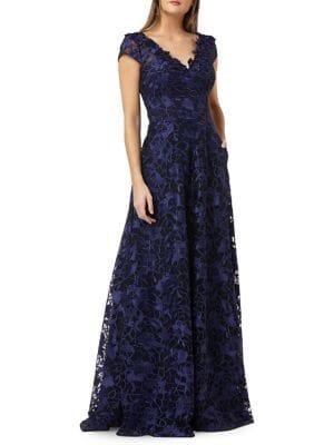 Carmen Marc Valvo Infusion Floral Lace Cap-sleeve Ballgown