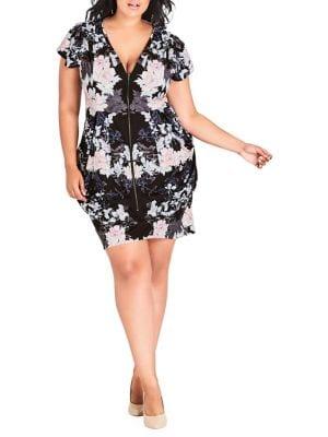 City Chic Plus Blossom Fit & Flare Front Zip Tunic Dress