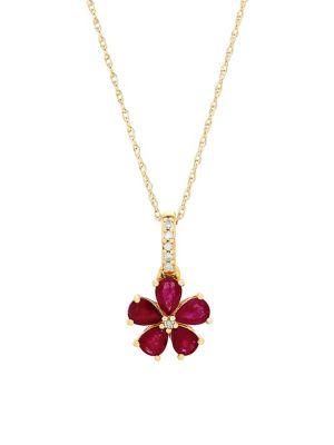 Lord & Taylor 14k Yellow Gold, Ruby & Diamond Flower Pendant Necklace