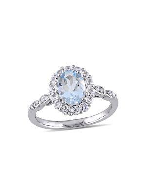 Sonatina 14k White Gold, Oval Aquamarine, White Topaz & Diamond Accent Halo Vintage Ring
