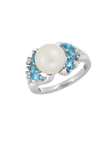 Lord & Taylor 9-10mm Button Freshwater Pearl, Blue Topaz And White Topaz Sterling Silver Ring