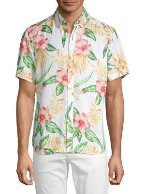 Black Brown Tropical Linen Button-front Shirt