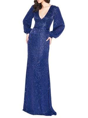 Mac Duggal Balloon-sleeve Sparkle Gown