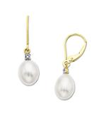 Lord & Taylor Pearl Drop Earrings With Diamond Accent In 14 Kt. Yellow Gold .01 Ct. T.w. 10mm