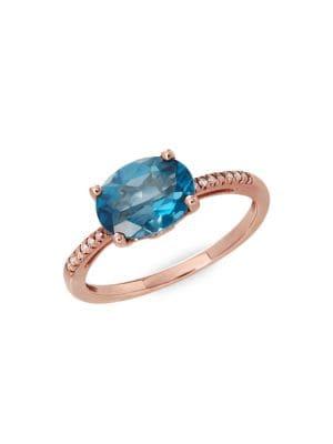 Lord & Taylor 14k Rose Gold, Oval Shape London Blue Topaz & Diamond Ring