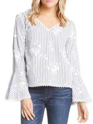Karen Kane Embroidered Stripe Bell-sleeve Top