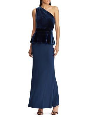 Lauren Ralph Lauren Velvet-trim One-shoulder Gown