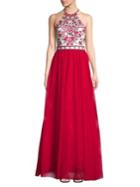 Blondie Nites Embroidered Floral Halter Ball Gown