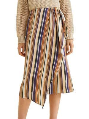Mango Striped Ruffle Midi Skirt