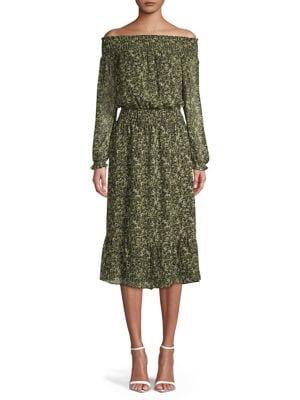 Michael Michael Kors Off-the-shoulder Printed Smocked Midi Dress