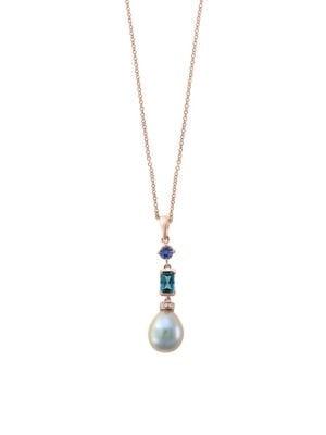 Effy 14k Rose Gold, 12mm Radiant Cut Pearl, London Blue Topaz, Tanzanite & Diamond Pendant Necklace