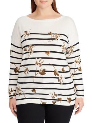 Lauren Ralph Lauren Plus Floral-stripe Cotton Top