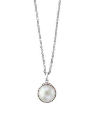 Effy 12.5mm White Mabe Pearl, Diamond & Sterling Silver Wheat Chained Pendant Necklace