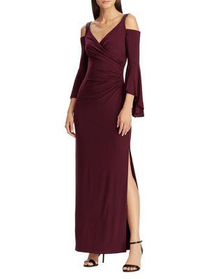 Lauren Ralph Lauren Beaded-strap Faux Wrap Column Gown