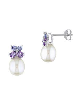 Sonatina Sterling Silver, Amethyst, Tanzanite, Diamond & 88mm-8.5mm White Rice Pearl Drop Earrings