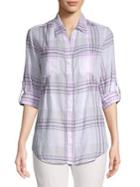 Lord And Taylor Separates Petite Plaid Gauze Roll-tab Shirt