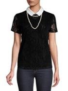 Karl Lagerfeld Paris Lace Velvet Pearl Necklace Top