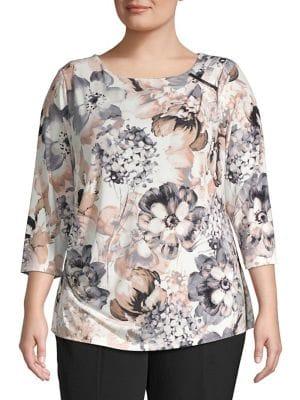 Calvin Klein Plus Three Quarter Sleeve Floral Ruched Top