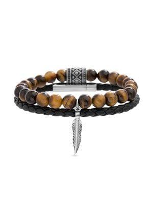 Lord & Taylor 2-piece Stainless Steel, Tiger's Eye & Leather Bracelet Set
