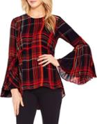 Vince Camuto Plaid Pleated Bell Sleeve Top