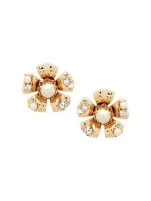 Miriam Haskell Social White Round Faux Pearl & Crystal Flower Stud Earrings