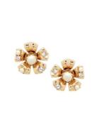 Miriam Haskell Social White Round Faux Pearl & Crystal Flower Stud Earrings