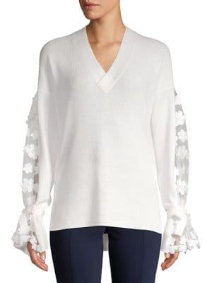 French Connection Embroidered Sheer Long-sleeve Ribbed Top