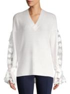 French Connection Embroidered Sheer Long-sleeve Ribbed Top