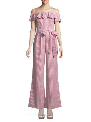 Wayf Striped Off-the-shoulder Cotton Jumpsuit