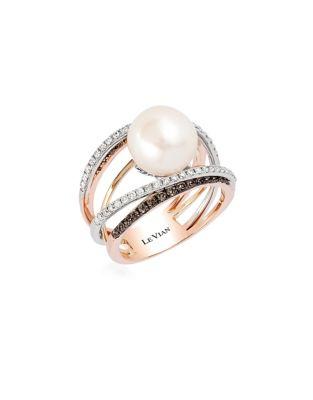 Levian Le Vian Chocolatier Vanilla Diamond, Chocolate Diamond & Vanilla Freshwater Pearl 14k Three-toned Gold Statement Ring