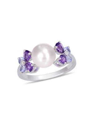 Sonatina Sterling Silver And 8-8.5mm Freshwater Pearl, Amethyst, Tanzanite And Diamond Ring