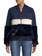 Sage Multi-media Stripe Faux Fur Bomber Jacket