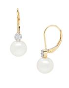 Lord & Taylor 8-8.5mm White Freshwater Pearl, Diamond And 14k Yellow Gold Drop Earrings