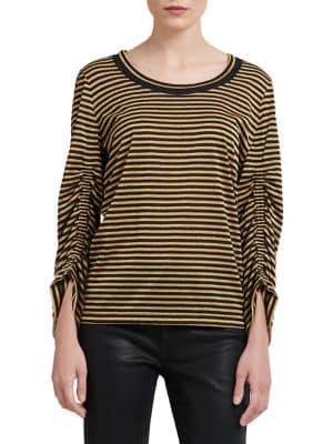 Donna Karan Striped Cinched Sleeve Tee