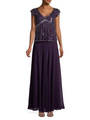 J Kara Petite Embellished Cap-sleeve Gown