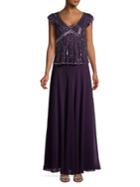 J Kara Petite Embellished Cap-sleeve Gown