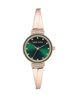 Anne Klein Rose Goldtone And Green Swarovski Crystal Bracelet Watch