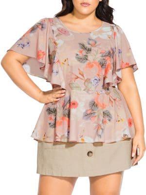 City Chic Plus Floral-print Flutter-sleeve Top