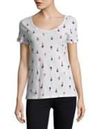 Lord & Taylor Petite Ice-cream Print Cotton Slub V-neck Roll Sleeve Tee